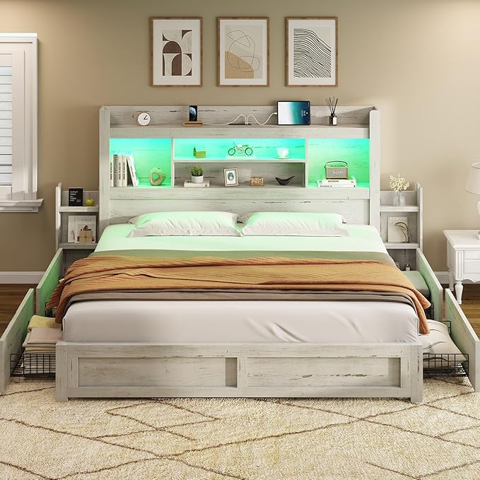 AMERLIFE King Bed Frame with 4 Storage Drawers, LED Bed Frame with 49.6" Tall by AMERLIFE