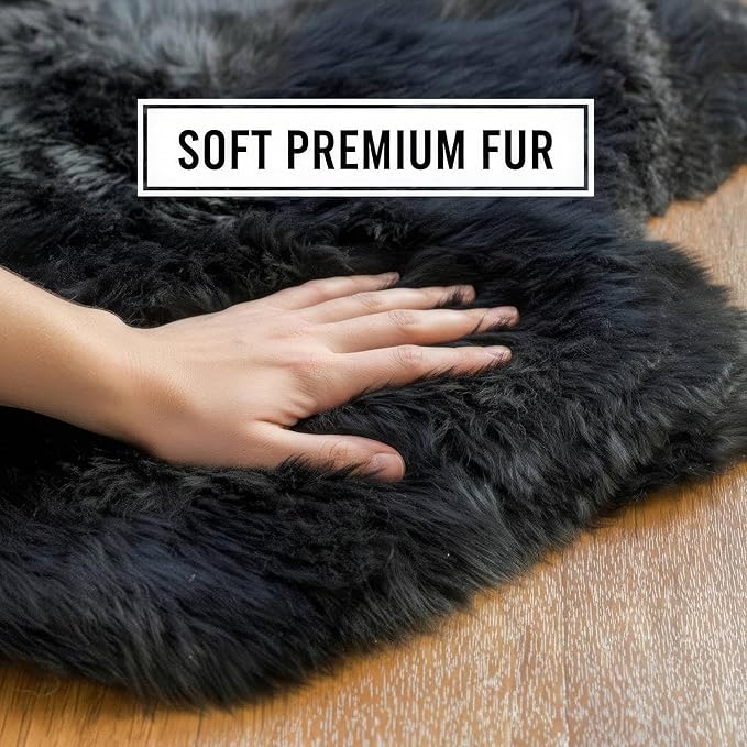 Black Sheepskin Rug 4x6 ft, Genuine Quad Pelt Fluffy Fur Area Rug - Image 7