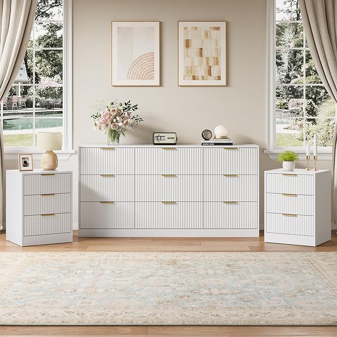 9 Drawer Fluted Dresser & Nightstand Set 3-Piece, 63” Long Dresser and Night by NOVAMAISON