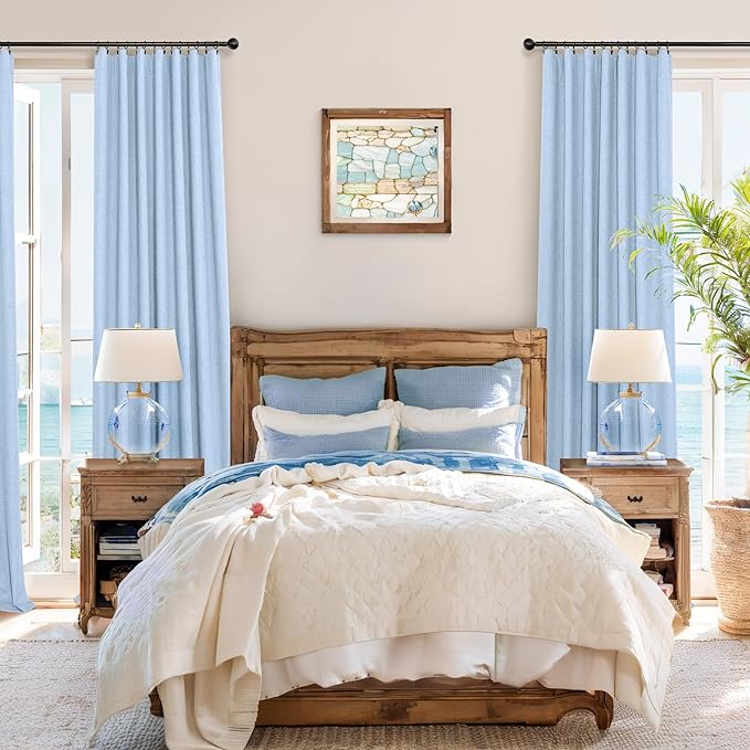 Total Blackout Baby Blue Linen Curtains 108 Inches Long 2 Panel Set Light Blue - Image 2