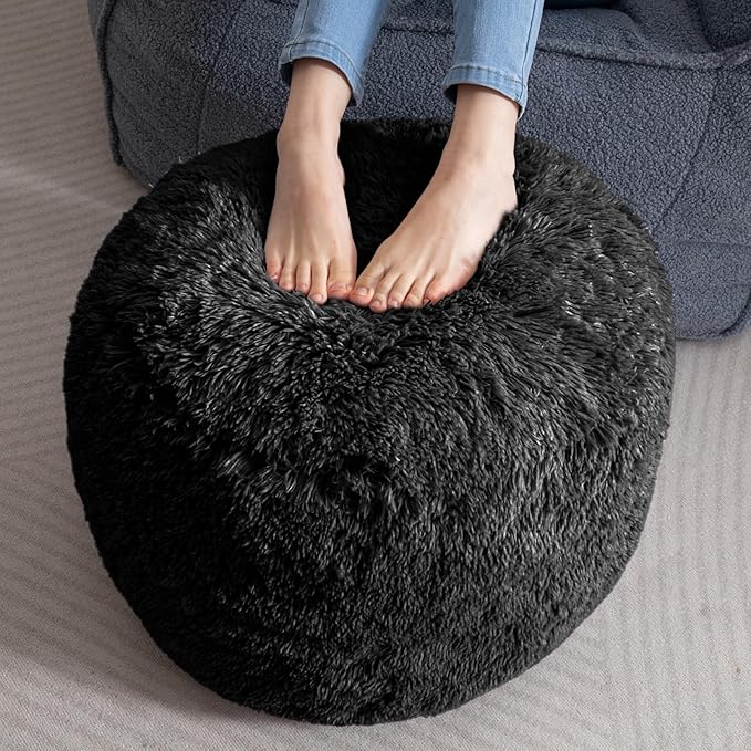 HIGOGOGO Round Stuffed Pouf Ottoman, Long Faux Fur Poufs by HIGOGOGO
