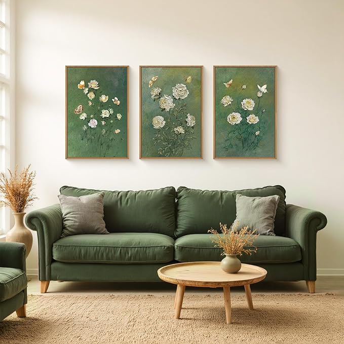 LHIUEM Vintage Moody White Roses Framed Canvas Wall Art, Abstract Flower Green - Image 2
