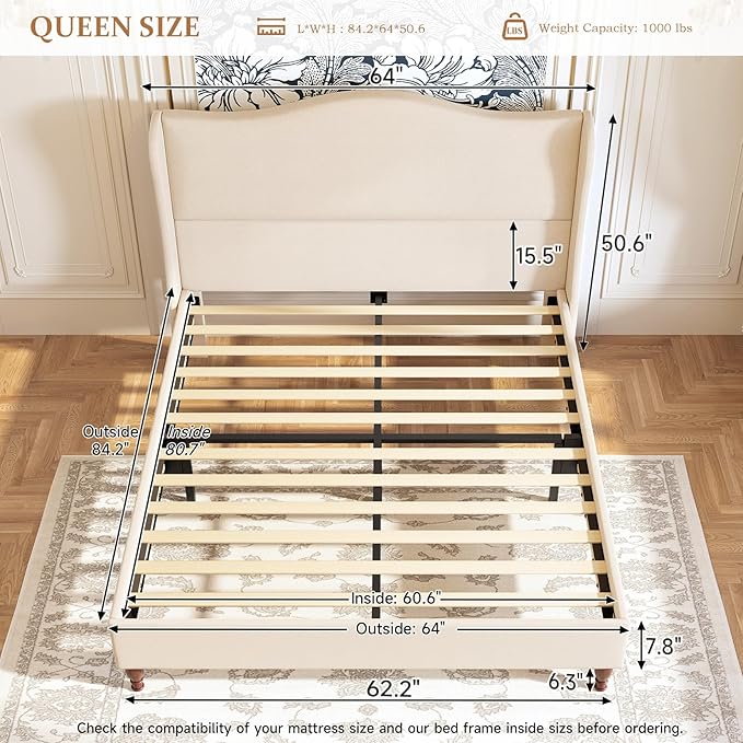 koorlian Queen Size Bed Frame Upholstered Platform Bed - Image 2