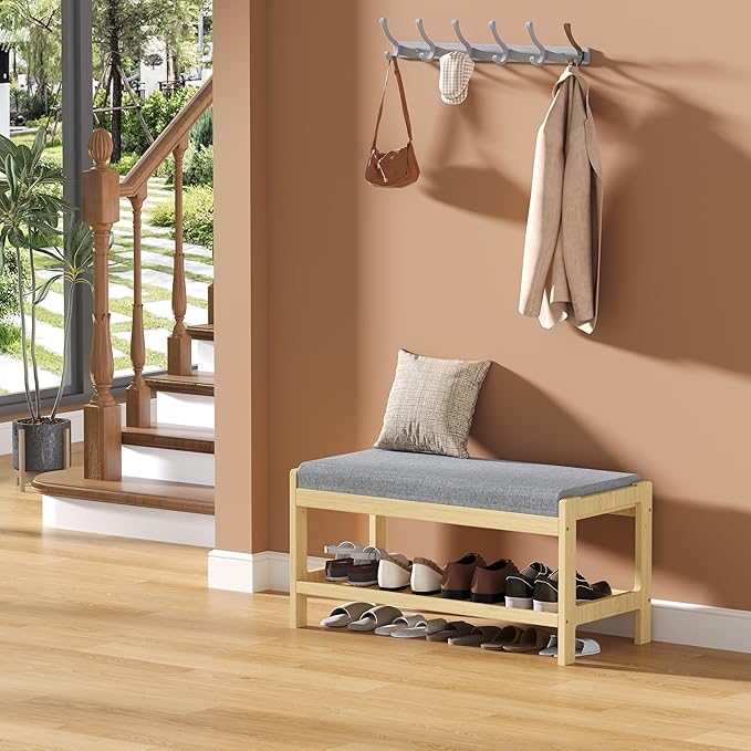 Shoe Bench Entryway, Solid Wood 2-Tier Shoe Rack Bench - Image 4