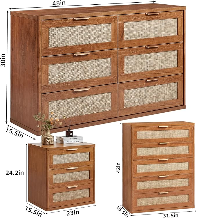 LEYAOYAO Rattan Dresser and Nightstand Sets 3, Boho Wood Dresser - Image 3