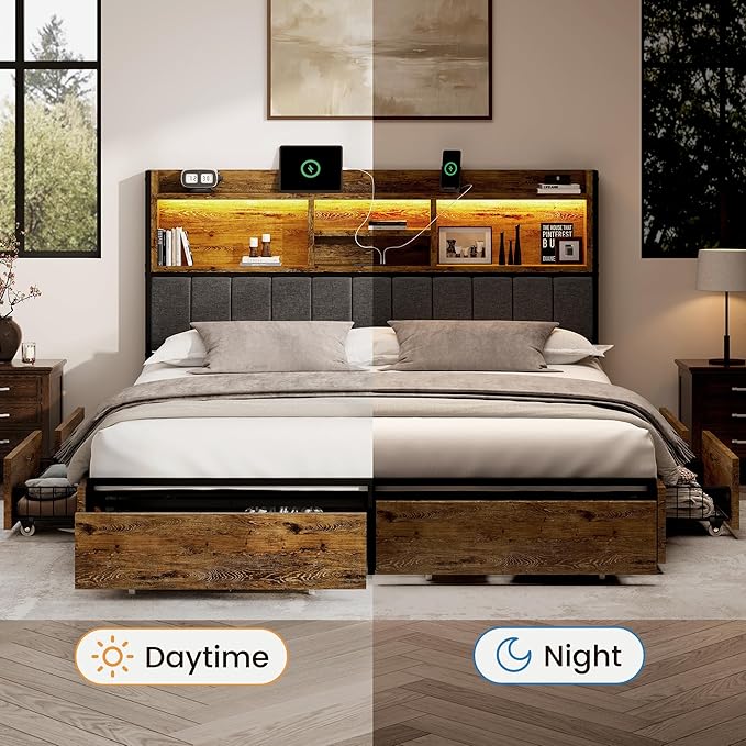 King Bed Frame with 6 Storage Drawers, Linen Upholstered Headboard, Built-in - Image 6