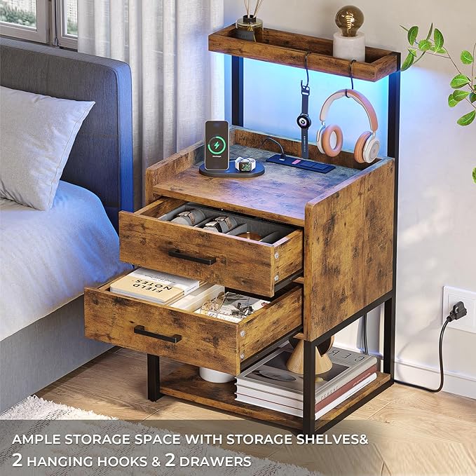VIAGDO Nightstand with Charging Station and LED Lights, Rustic Brown Bedside - Image 5