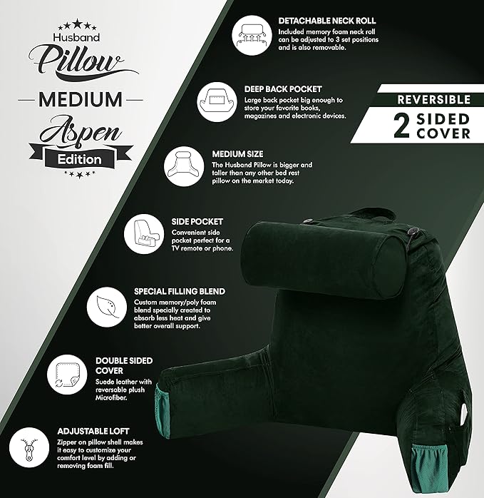 Husband Pillow Medium Aspen Edition Ramona Green, Sit Up Reading & Bed Rest - Image 3
