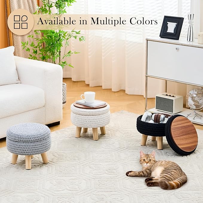 LGENHOOM Round Storage Ottoman Foot Rest Cotton Braided Foot Stool Pouf Ottoman - Image 7