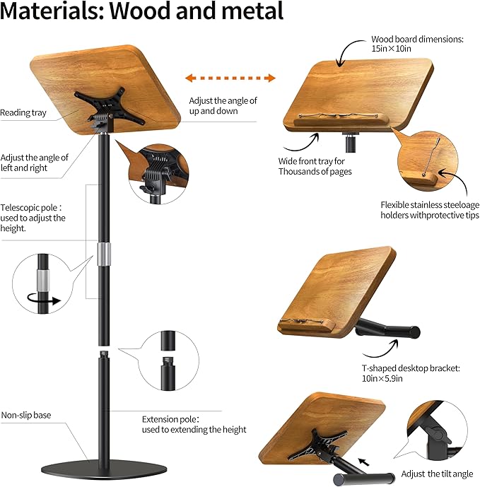 NAMON 2-in-1 Dual-use Floor & Desktop Book Stand, 100% Solid Wood, Height - Image 6