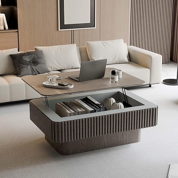 Lift Coffee Table with Storage & Adjustable Height, Rectangle Solid Wood Coffee - Image 7