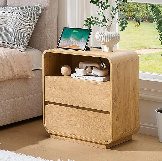 Modern Curved Night Stand, 2 Storage Drawers Side Table, Large End Table - Image 3