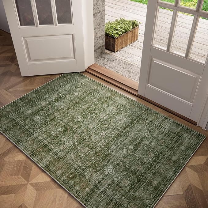 Washable 3x5 Entryway Rug, Boho Non-Slip Vintage Distress Small Rugs by Hedwior