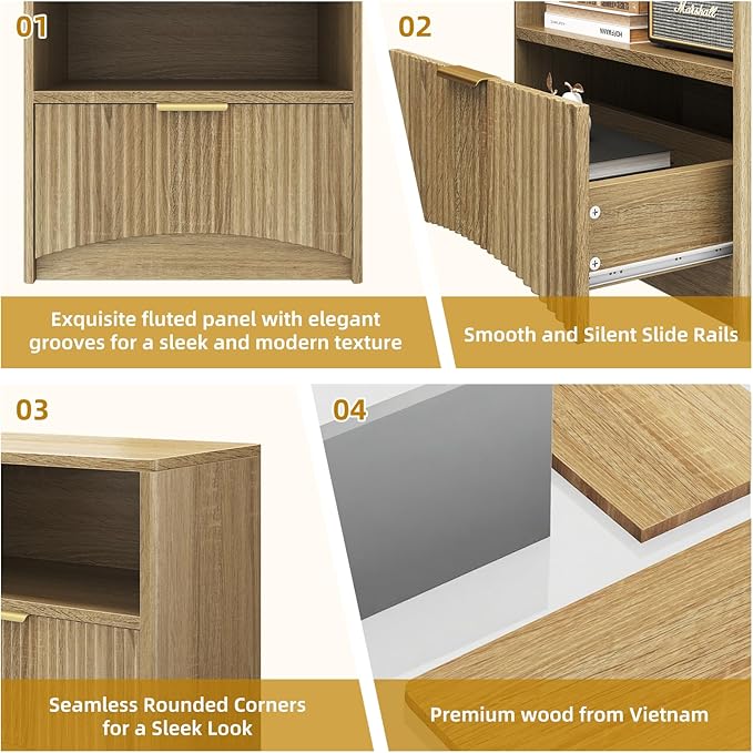 Fluted Nightstand Set of 2, MCM Mid Century Modern Bedside Tables - Image 4