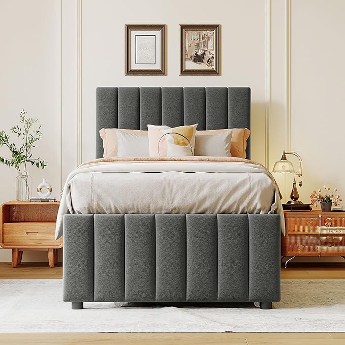 Twin Size Bed Frame with Trundle Bed and Storage Drawers, Linen Upholstered Bed - Image 3