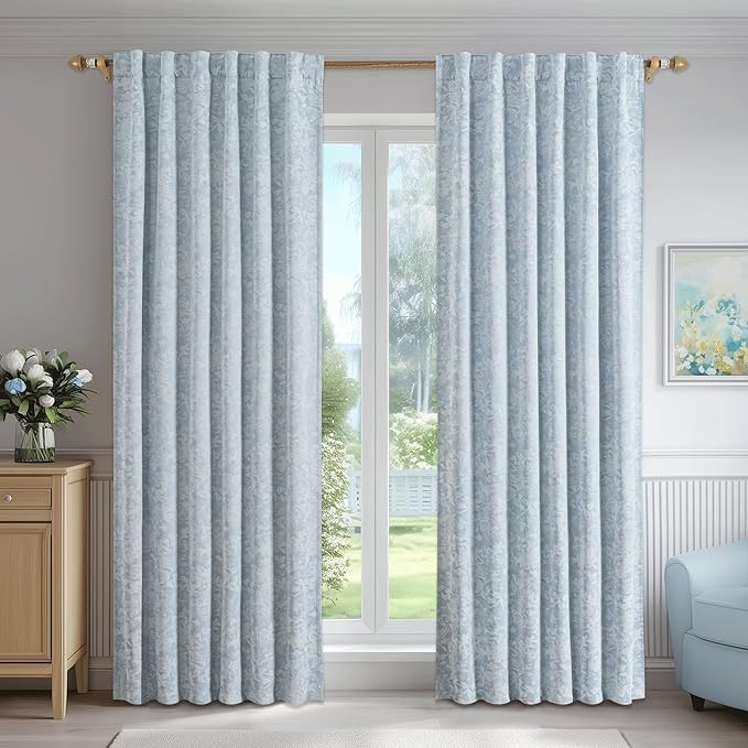 Beauoop Blue Floral Jacquard Blackout Curtains 96 Inches Long 2 Panels - Image 2
