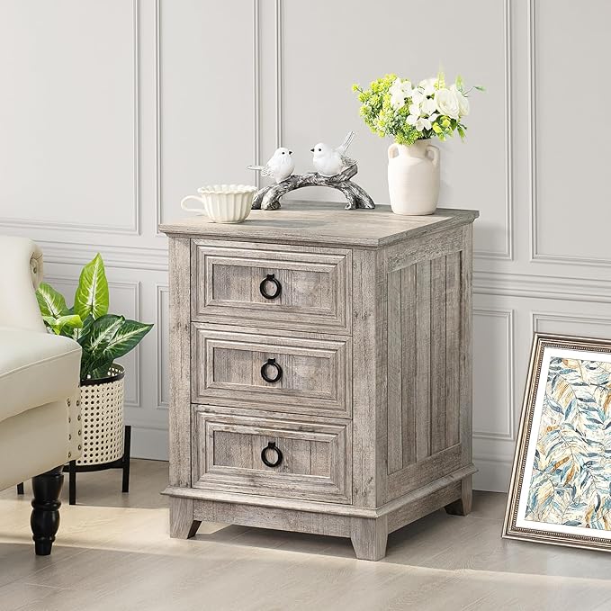 18" Farmhouse Night Stand with 3 Drawers, Wood End Table Dresser - Image 6