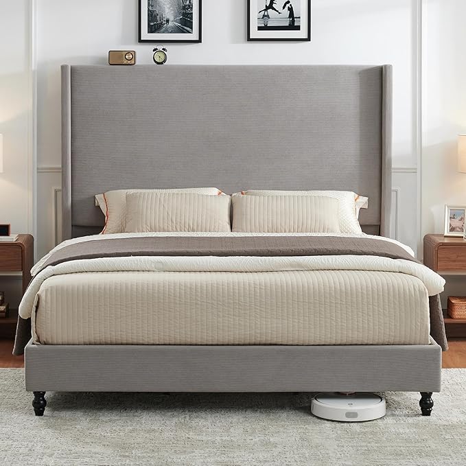 Queen Bed Frame with 63" Tall Headboard, Horizontal Fine Corduroy Bed Frame by LUXOAKAddMoreStyletoHome