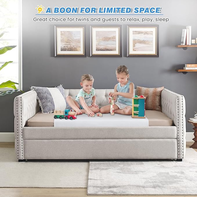 Antetek Daybed with Trundle, Modern Upholstered Full Size Button-Tufted Sofa - Image 9