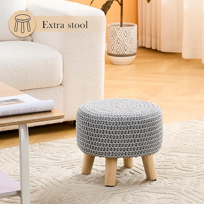 LGENHOOM Boho Ottoman Foot Stool Cotton Knitted Round Pouf Ottoman Foot Rest - Image 2