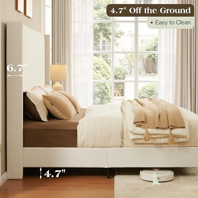 King Bed Frame with 65" Tall Headboard, Horizontal Fine Corduroy Bed Frame with - Image 5