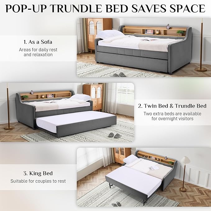 Twin Size Daybed with Pop Up Trundle Bed, Linen Upholstered Day Bed Frame with - Image 3