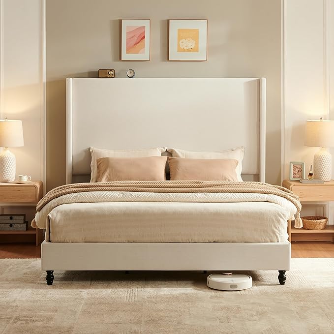 King Bed Frame with 65" Tall Headboard, Horizontal Fine Corduroy Bed Frame with - Image 8