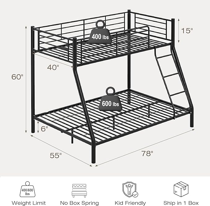 VECELO Bunk Bed Twin Over Full, Metal Bunkbeds - Image 2