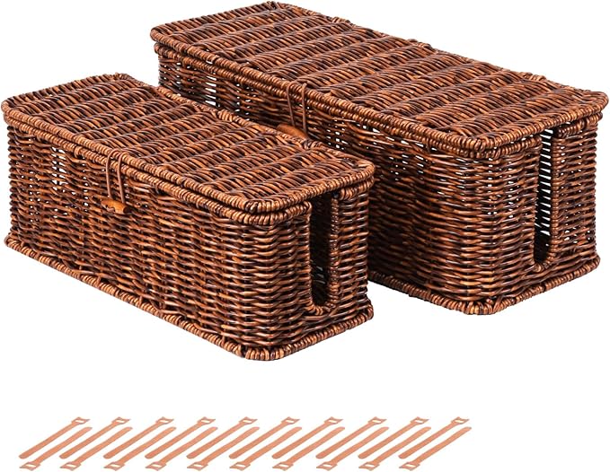 BROWNLILY Rattan Wire Storage Box, Handmade Cord Organizer by Unknown