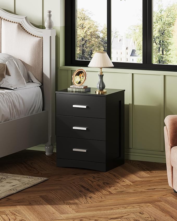 WLIVE Black Night Stand with 3 Drawers, Small Wooden Nightstand, Bed Side Table - Image 2