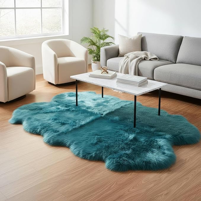Beach Blue Genuine Sheepskin Rug 4x6 ft, Real Fluffy Quad Pelt Fur Area Rug - Image 5