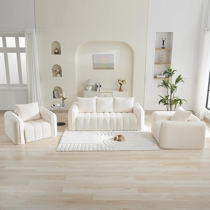 Corduroy Boneless Living Room Sets, Modern Upholstered 3 Seater Sofa - Image 2