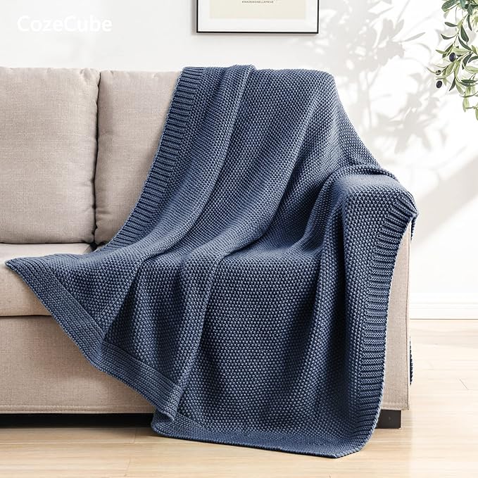 CozeCube Blue Throw Blanket for Couch, Soft Cozy Cable Knit Throw for Bed Sofa - Image 3