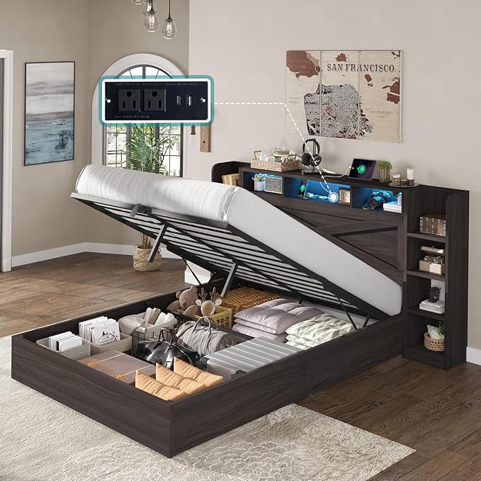 AMERLIFE Full Size Lift Up Storage Bed Frame, 45.1" LED Bed Frame by AMERLIFE