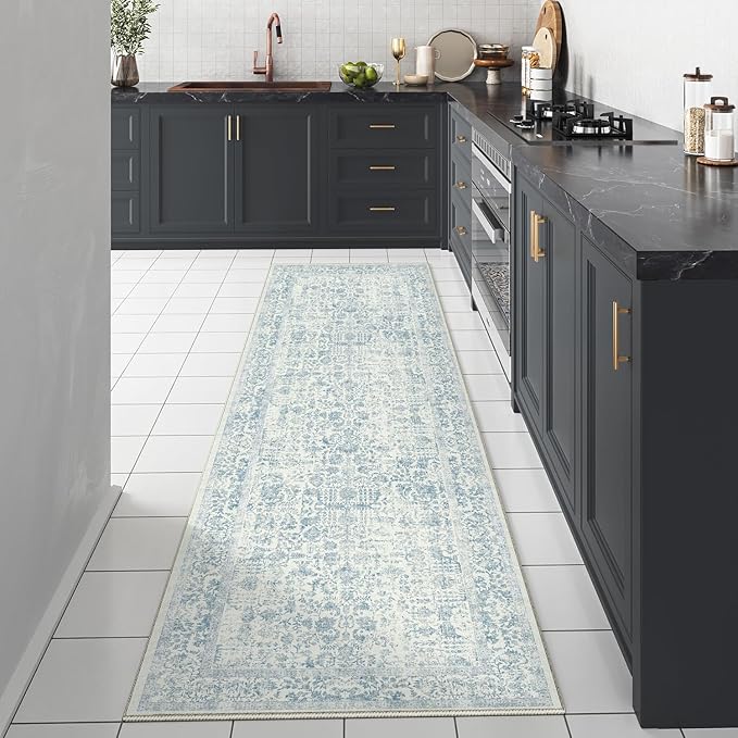 Blue Runner Rug 3x7 Hallway Machine Washable Kitchen Vintage Distressed Non - Image 6
