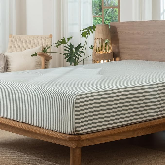 MooMee Striped Fitted Bottom Sheet Only 100% Washed Cotton Linen Like Textured by MOOMEE