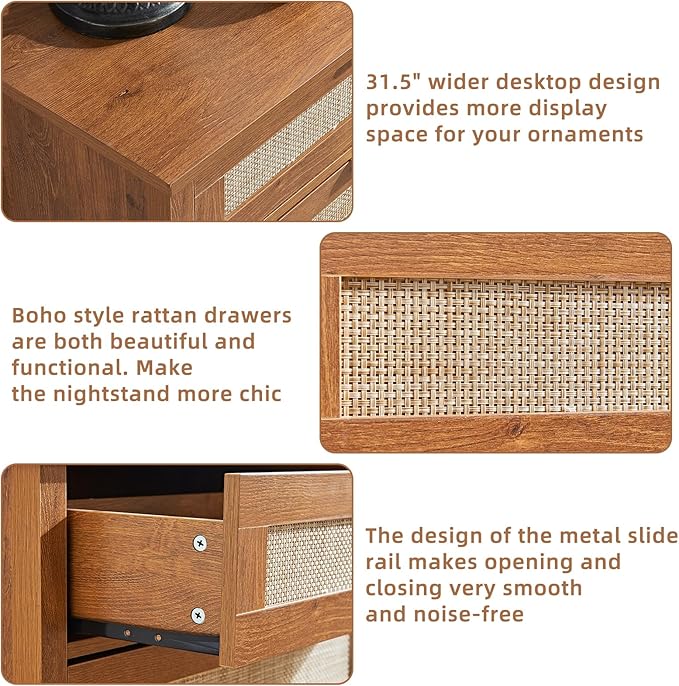 LEYAOYAO 31.5" Wide Rattan Nightstand, Large Boho 3 Drawer Night Stand - Image 7