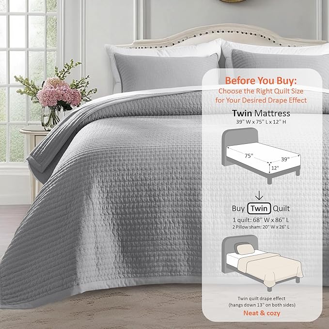 Kasentex KWX1804-GY Quilt Mini Set-Stone Washed-Super Soft Bedspread-Light - Image 3