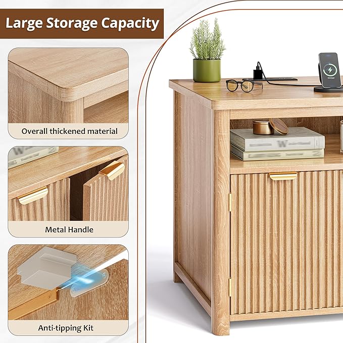 Fluted Nightstand with Charging Stations, 23.6" Wide Natural Oak Nightstand - Image 6