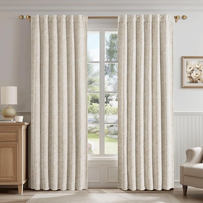 Beauoop Beige Floral Jacquard Blackout Curtains 84 Inches Long 2 Panels - Image 2