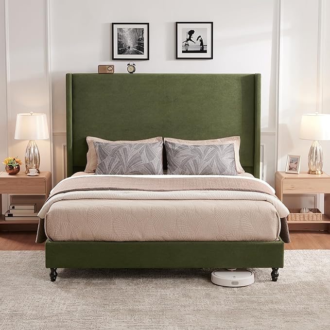 King Bed Frame with 65" Tall Headboard, Horizontal Fine Corduroy Bed Frame with - Image 8