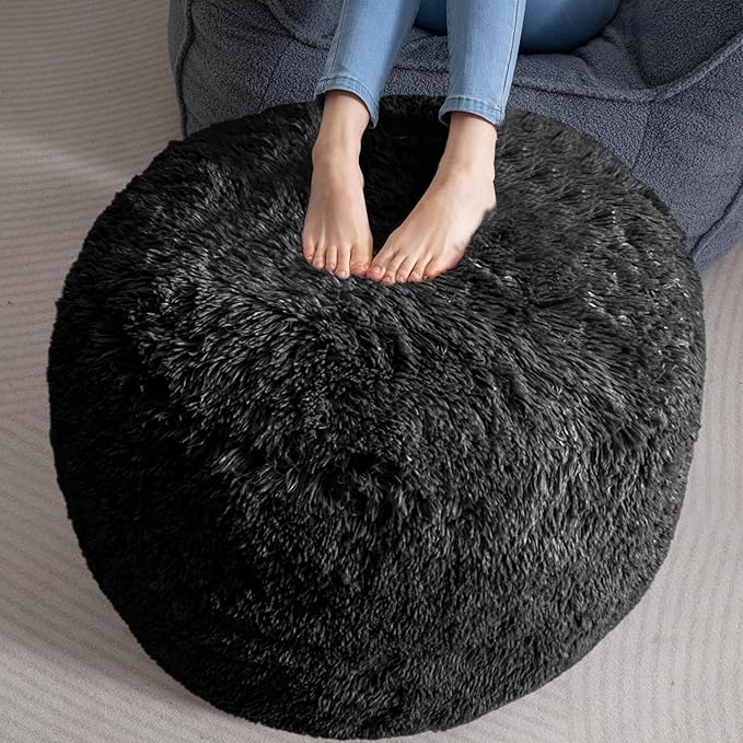 HIGOGOGO Round Stuffed Pouf Ottoman, Long Faux Fur Poufs by HIGOGOGO