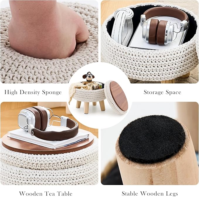 LGENHOOM Round Storage Ottoman Foot Rest Cotton Braided Foot Stool Pouf Ottoman - Image 5