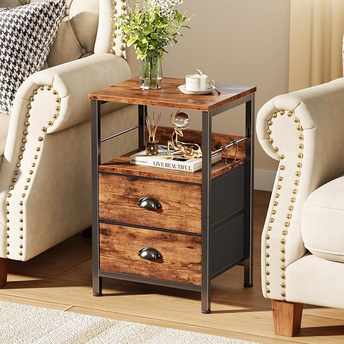 Furologee Nightstand with 2 Fabric Drawers, Night Stand with 2-Tier Shelf - Image 2