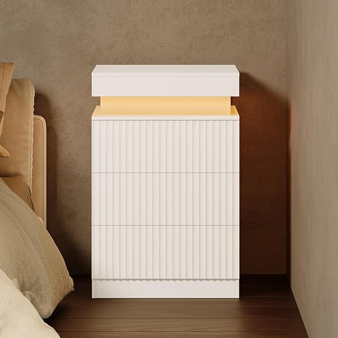 White Nightstand with 3 Drawers and LED Light, Mid Century Modern Fluted Night by BOXACTION