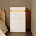White Nightstand with 3 Drawers and LED Light, Mid Century Modern Fluted Night by BOXACTION