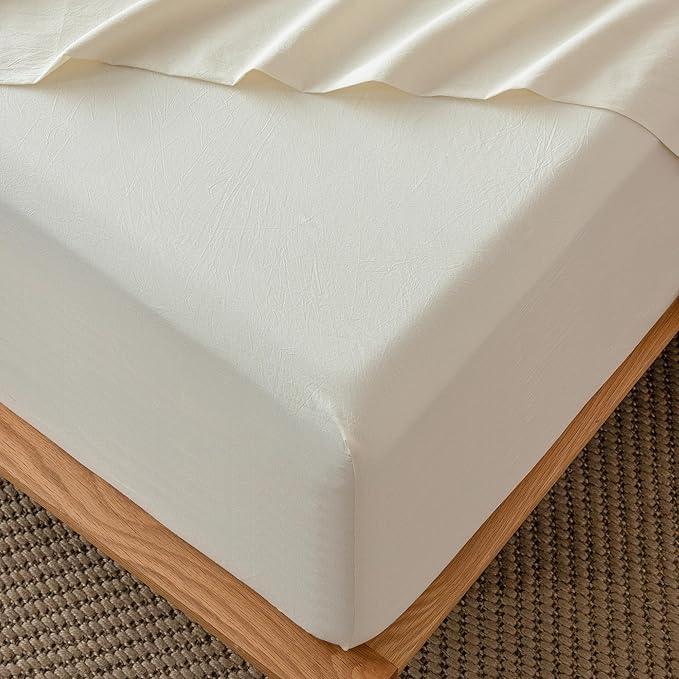 MooMee Fitted Bottom Sheet Only 100% Washed Cotton Linen Like Textured by MOOMEE