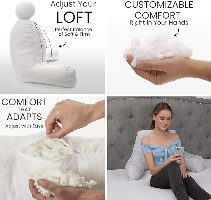 Husband Pillow Light Grey, Original Reading Pillow in Bed Rest Chair, Shredded - Image 2