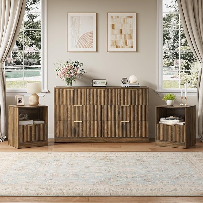 Fluted Dresser & Nightstand Set 3-Piece, 7 Drawer Dressers and Night Stand Set by NOVAMAISON