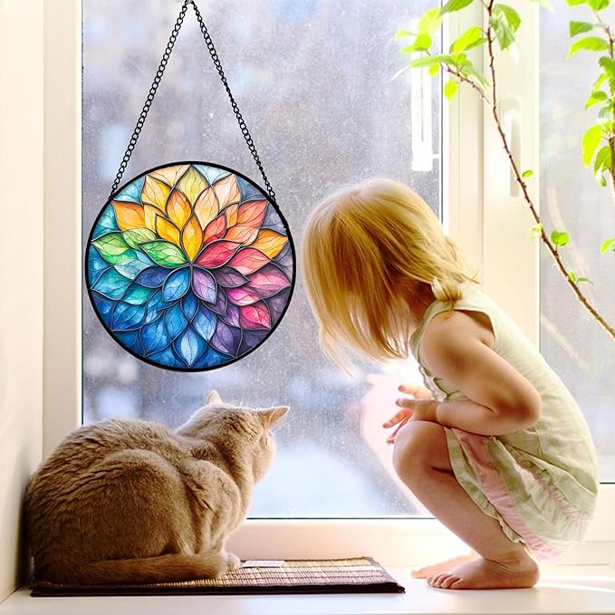 DASTOLL Stained Glass Window Hanging, Colorful Flower Petals Sun Catchers - Image 2